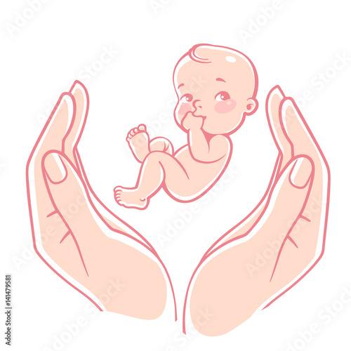 Baby care logo. Symbol of giving birth, pregnancy, adoption, in vitro fertilization. Concept go medical care of embryo and newborn,