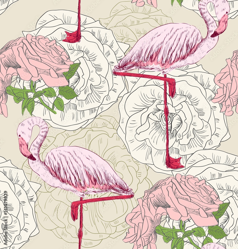 Fototapeta premium Vector sketch of a flamingo with roses. Hand drawn illustration