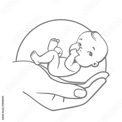 Baby care and health logo& Symbol of nursing, in vitro fertilization, childbearing, pregnancy. Mother's hands holding newborn. Concept of medicine help. Embryo in parents' hands.