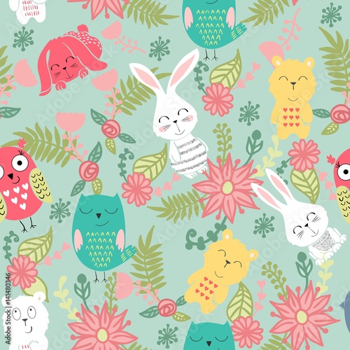 Vector seamless pattern with animals and flowers