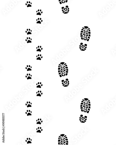 Prints of human feet and dog paws, seamless vector wallpaper