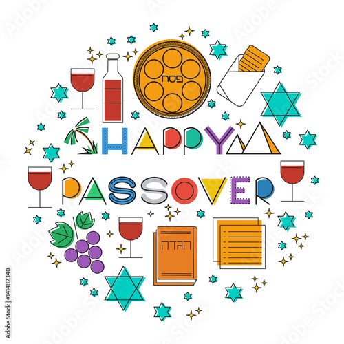 Happy Passover (jewish holiday). Greeting card. Elements set. Vectot linear illustration with Passover holiday symbols.