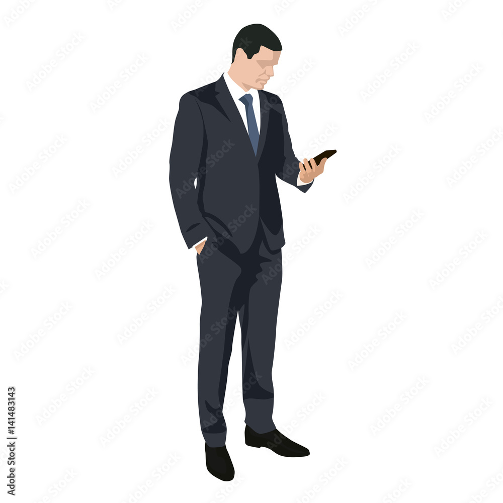 Business man writing sms on mobile phone, flat design vector silhouette Business man writing sms on mobile phone, flat design vector silhouette