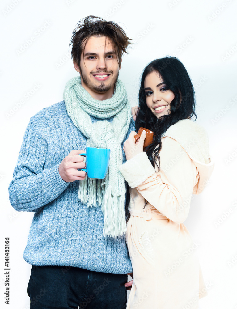 lovely smiling happy couple holding cups lovely smiling happy couple holding cups