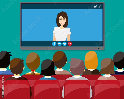 Video conference concept. Room with chairs and crowd, big digital screen. Director communicates with staff . Online meeting, video call, webinar or training. illustration in flat style