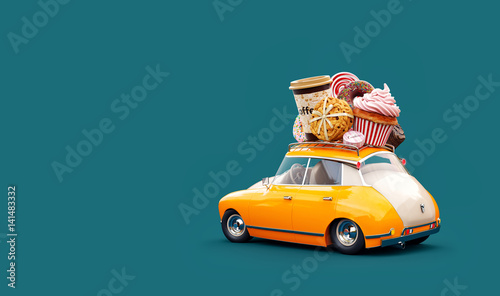 Cute fantastic chocolade car with sweets and coffee on top.