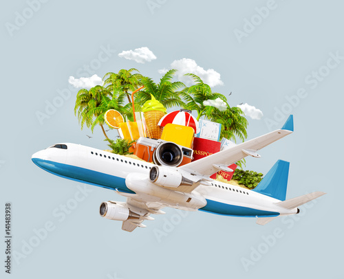 airplane and tropical palm on a paradise island photo