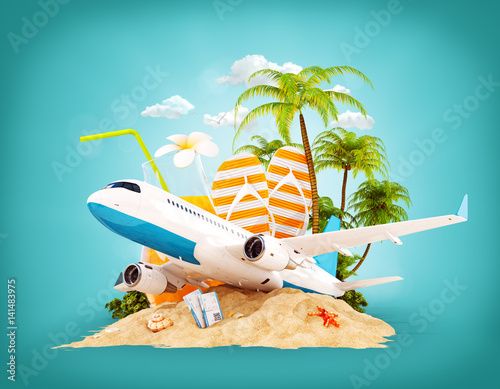 airplane and tropical palm on a paradise island
