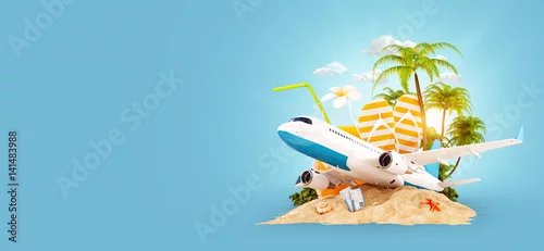 Obraz samolot i tropikalna palma na rajskiej wyspie