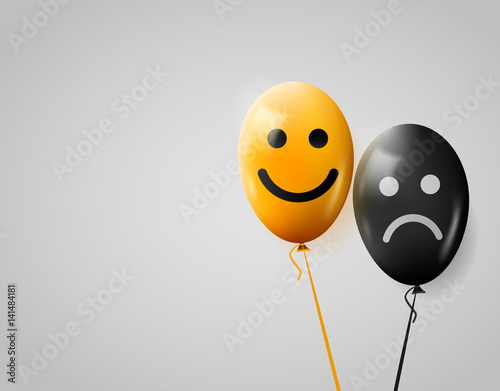Happy and sad faces. Yellow and black balloons.