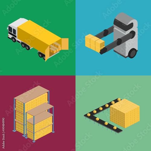 Warehouse logistics isometric icon set isolated vector illustration. Freight truck, boxes on shelves and warehouse robot icons. Freight automatic delivery, cargo transportation, logistics technology