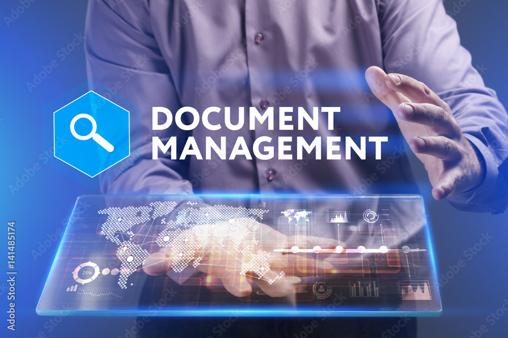 Fototapeta premium Business, Technology, Internet and network concept. Young businessman working on a virtual screen of the future and sees the inscription: Document management