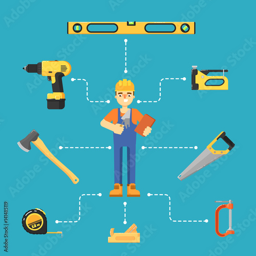 Building concept with hand tools icons and worker in uniform and helmet vector illustration. Building tools for carpentry and home renovation. DIY set. Hardware store banner. Construction equipment.