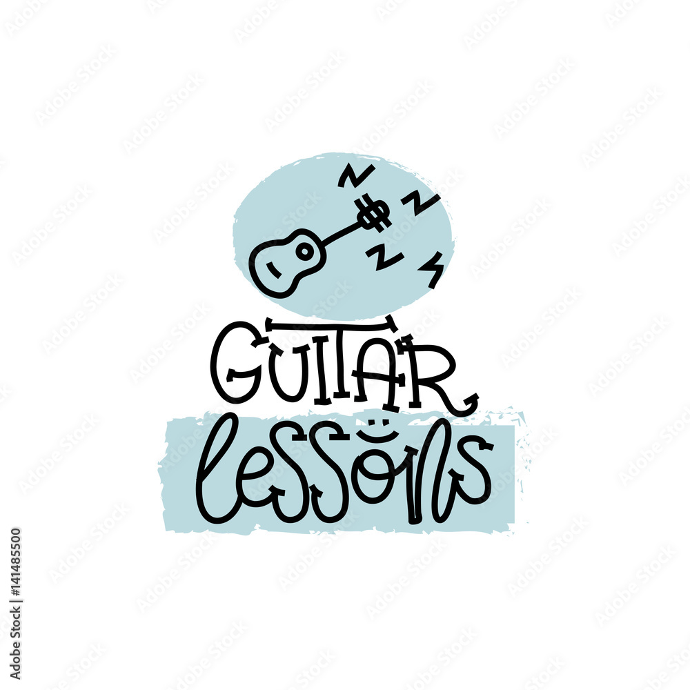 Education and Evaluation Concept. Hand writing logo lessons guitar on white paper. View from above. Vector Education and Evaluation Concept. Hand writing logo lessons guitar on white paper. View from above. Vector