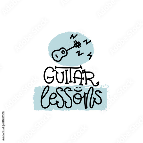 Education and Evaluation Concept. Hand writing logo lessons guitar on white paper. View from above. Vector