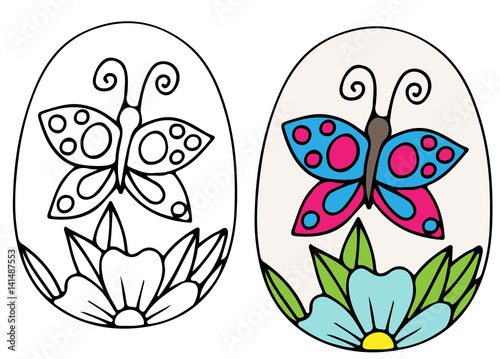Hand drawn Easter egg vector with blue flower and butterfly