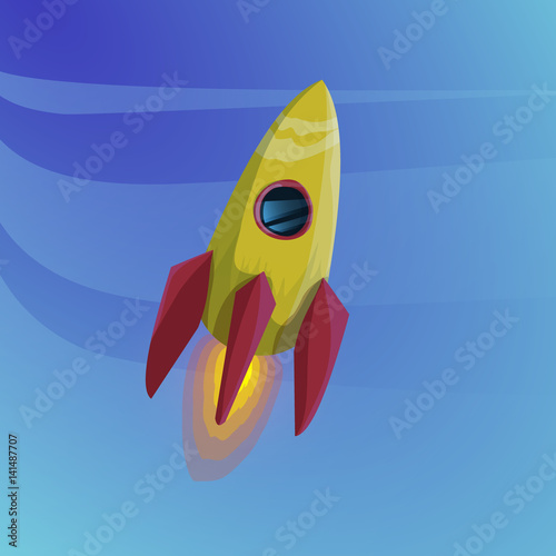 Yellow cartoon space rocket in blue sky.Vector illustration