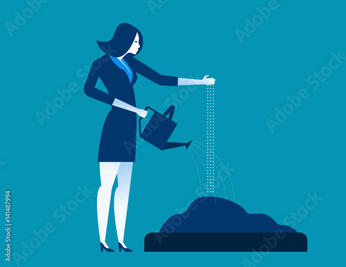 Businesswoman sowing and watering seeds. Concept business success vector illustration. Vector cartoon character flat