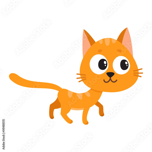 Fototapeta Naklejka Na Ścianę i Meble -  Cute and funny red cat character, curious, playful, mischievous, cartoon vector illustration isolated on white background. Cute and funny red cat character walking curiously, looking aside