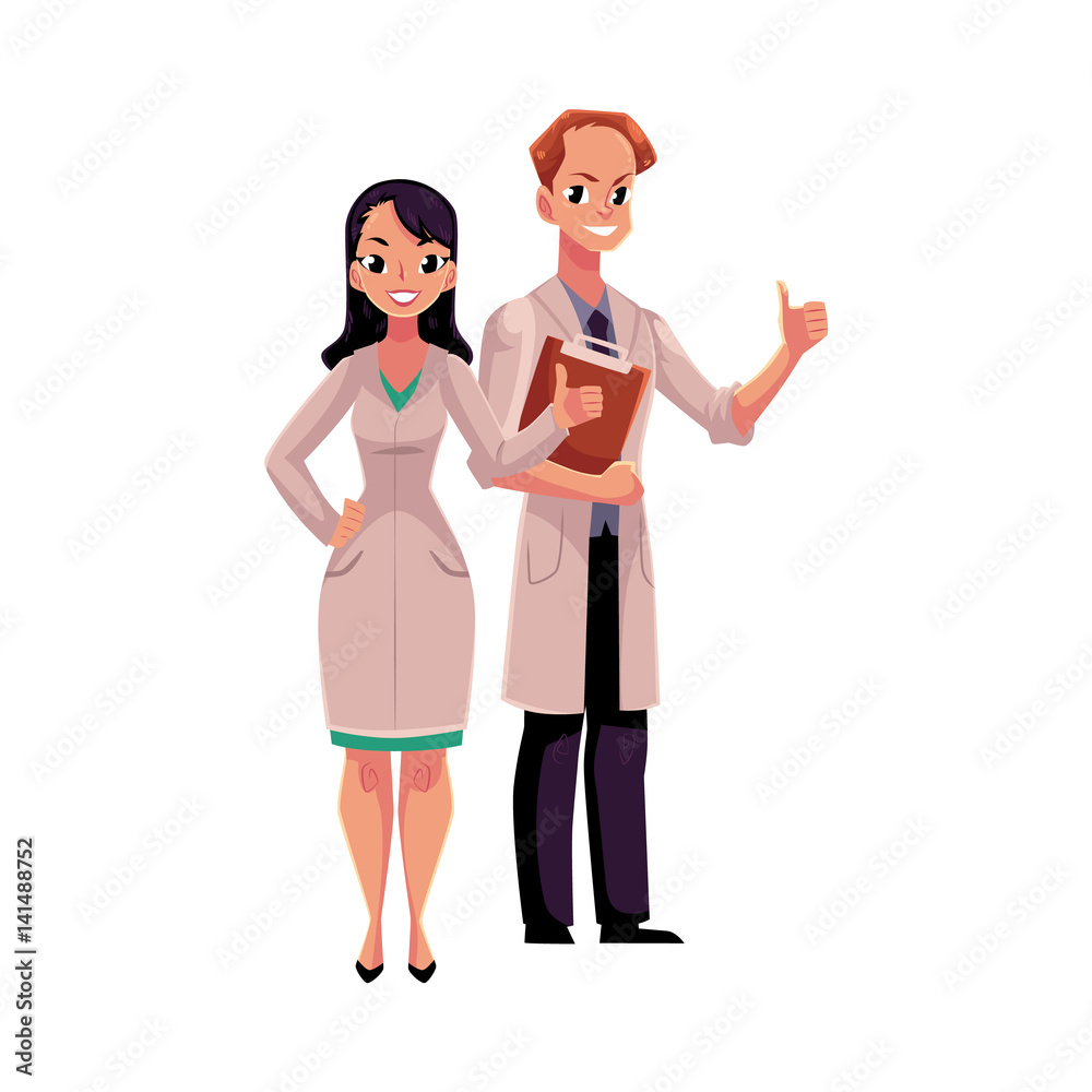 Male and female doctors in white medical coats showing, giving thumb up, cartoon vector illustration isolated on white background. Full length portrait of two doctors showing thumb up, okay sign Male and female doctors in white medical coats showing, giving thumb up, cartoon vector illustration isolated on white background. Full length portrait of two doctors showing thumb up, okay sign