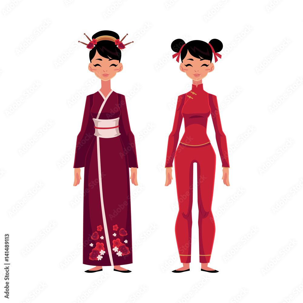 Chinese women in traditional national costumes - long cheongsam dress, red  tunic and pants suit, cartoon vector illustration isolated on white  background. Woman from China in Chinese national clothes Stock Vector