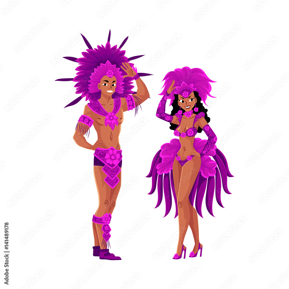 Man and woman dressed for Brazilian carnival in Rio de Janeiro, samba dancers in feather suits, cartoon vector illustration isolated on white background. Brazilian couple in carnival feather suits Man and woman dressed for Brazilian carnival in Rio de Janeiro, samba dancers in feather suits, cartoon vector illustration isolated on white background. Brazilian couple in carnival feather suits