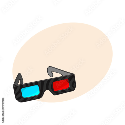 Typical blue and red stereoscopic, 3d glasses in black plastic frame, sketch style vector illustration with place for text. Hand drawn 3d stereoscopic glasses, cinema object