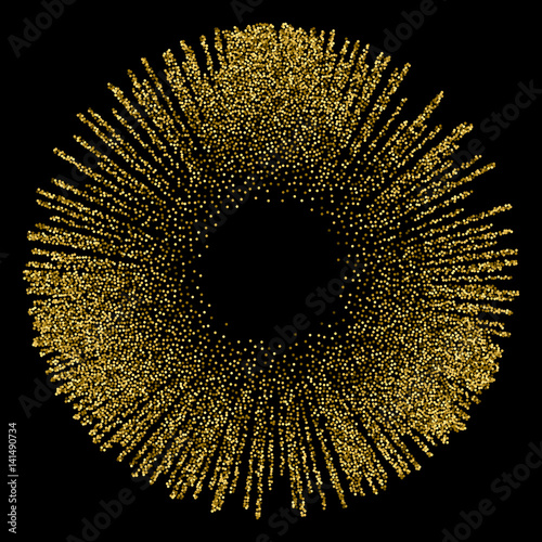 An abstract spot with divergent rays with a gloss effect to create advertising posters, leaflets, booklets. Round design element of gold glitter.