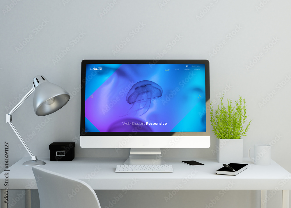 modern clean workspace with cool responsive design website on screen modern clean workspace with cool responsive design website on screen