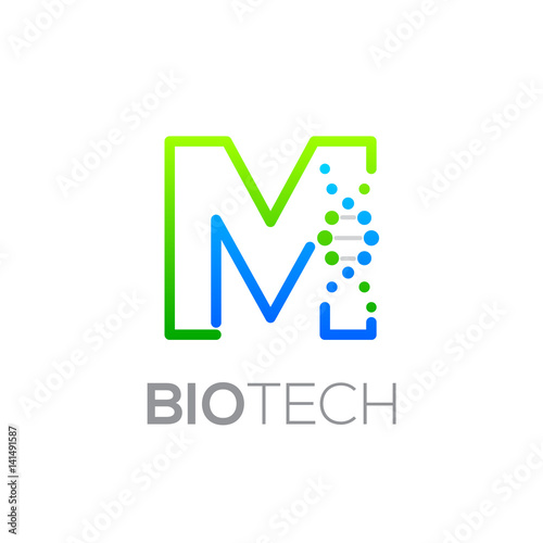 Letter M Green and Blue with abstract biotechnology logotype,Technology DNA vector concept