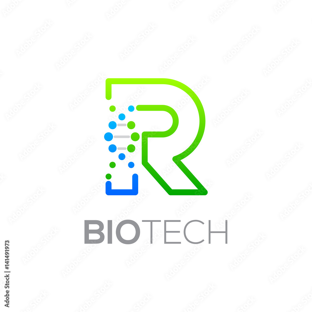 Letter R Green and Blue with abstract biotechnology logotype,Technology DNA vector concept Letter R Green and Blue with abstract biotechnology logotype,Technology DNA vector concept