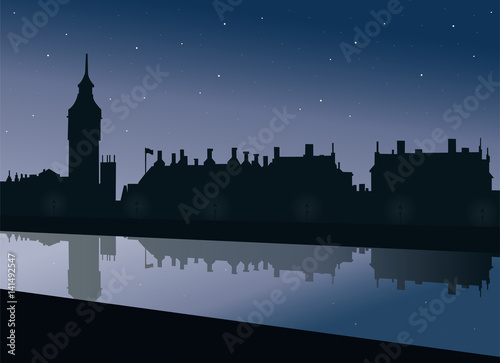 View of the embankment of the Thames Big Ben and the Palace of Westminster Parliament in London to the bedside lamps shining under the blue sky with the stars reflecting in the water - vector