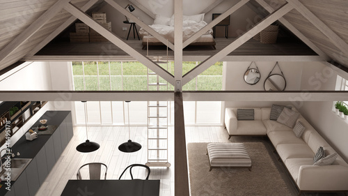 Foto Minimalist mezzanine loft, kitchen, living and bedroom, wooden roofing and parqu