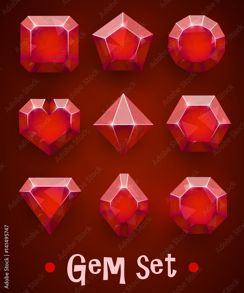 Set of realistic red gems of various shapes. Ruby collection. Elements for mobile games or decoration. Set of realistic red gems of various shapes. Ruby collection. Elements for mobile games or decoration.