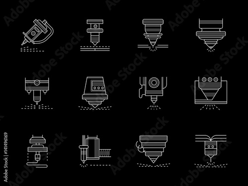 Metalworking lasers flat white line vector icons
