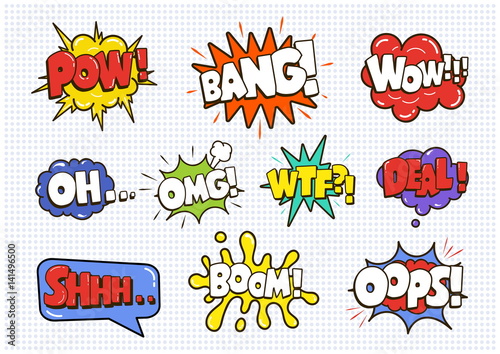 Comic sound speech effect bubbles set isolated on white backgrou