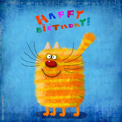 Birthday Card Yellow Striped Cat Standing On Blue Background