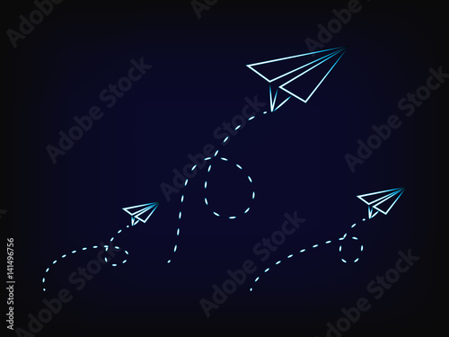 vector paper airplanes flying with dashed trails