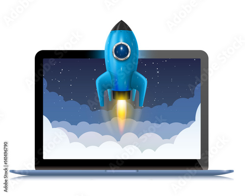Running a space rocket from a computer, Splash creative idea, Rocket background, Vector illustration