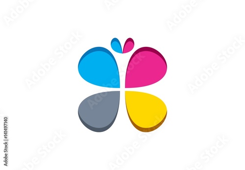 butterfly logo, beauty color ink cmyk wings icon concept, beautiful butterfly symbol vector design template