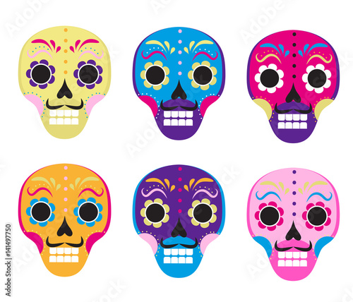 Sugar skull set icon, flat, cartoon style. Cute dead head, skeleton for the Day of the Dead in Mexico. Isolated on white background. Vector illustration, clip art
