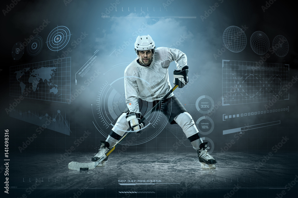 Naklejka premium Ice hockey player on the ice around modern light