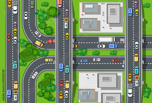 Top view of city map. Crossroads of urban streets with traffic automobile and a lot of cars with traffic jam congestion