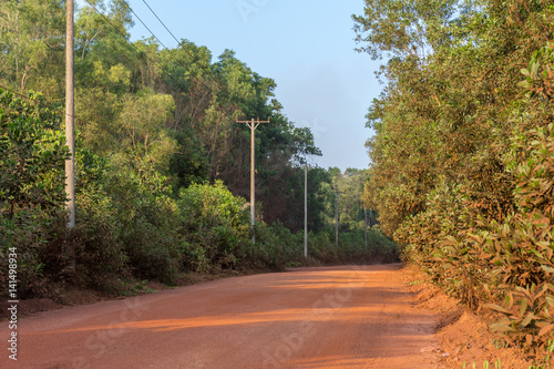 A red sand dirt road cut through a dense forest in Cambodia, South East Asia.