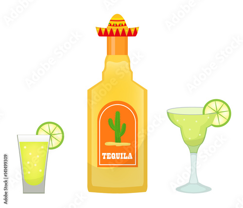 Tequila bottle with glasses and pieces of lime icon flat, cartoon style isolated on white background. Vector illustration, clip art. Traditional Mexican drink