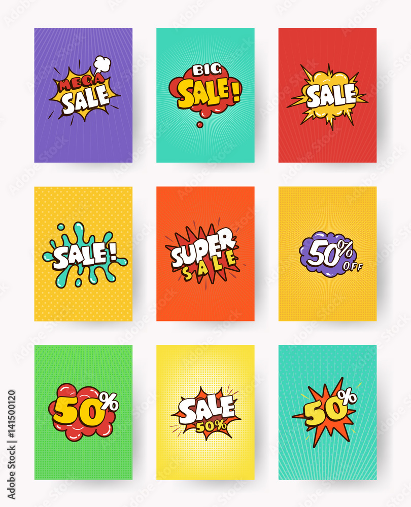 Set of promotional labels with lettering sale, discount. pop art, comic style vector illustration. Collection advertising banner, flyer, card. Set of promotional labels with lettering sale, discount. pop art, comic style vector illustration. Collection advertising banner, flyer, card.