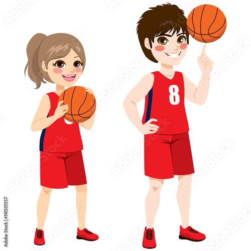 Young basketball children players standing with ball