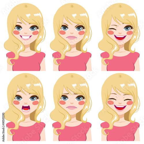 Teenage blonde girl making six different face expressions set