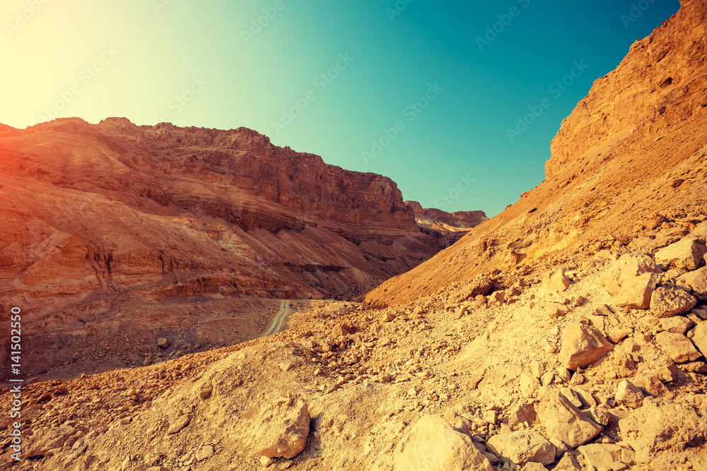 Fototapeta premium Mountain landscape with blue sky. Judaean Desert, Masada, Israel
