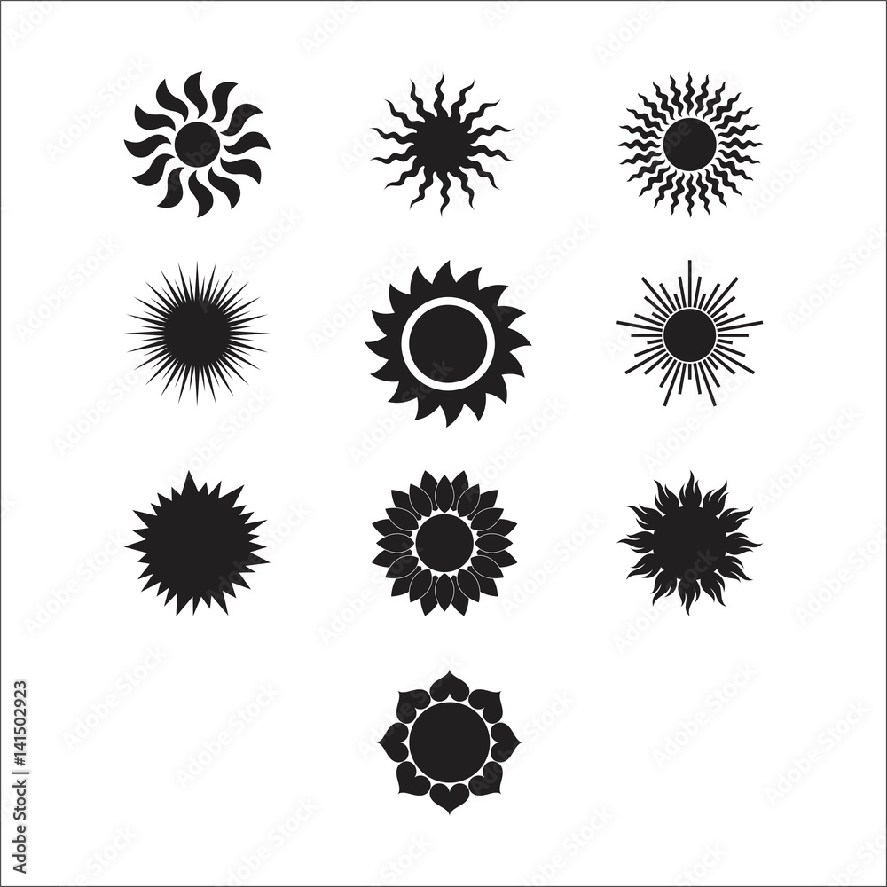 Sun vector burst icon set sol sunshine black color on white background. Isolated flat element sunlight. Illustration weather symbol design for web and app.